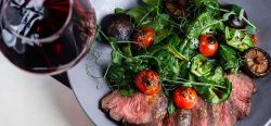 Steak, Salad and wine