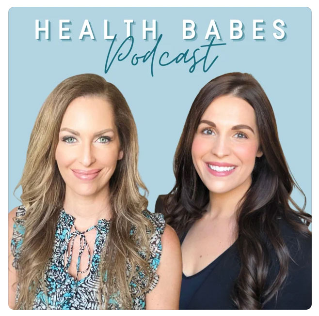 Two women smiling on a blue background with Health Babes Podcast text above them