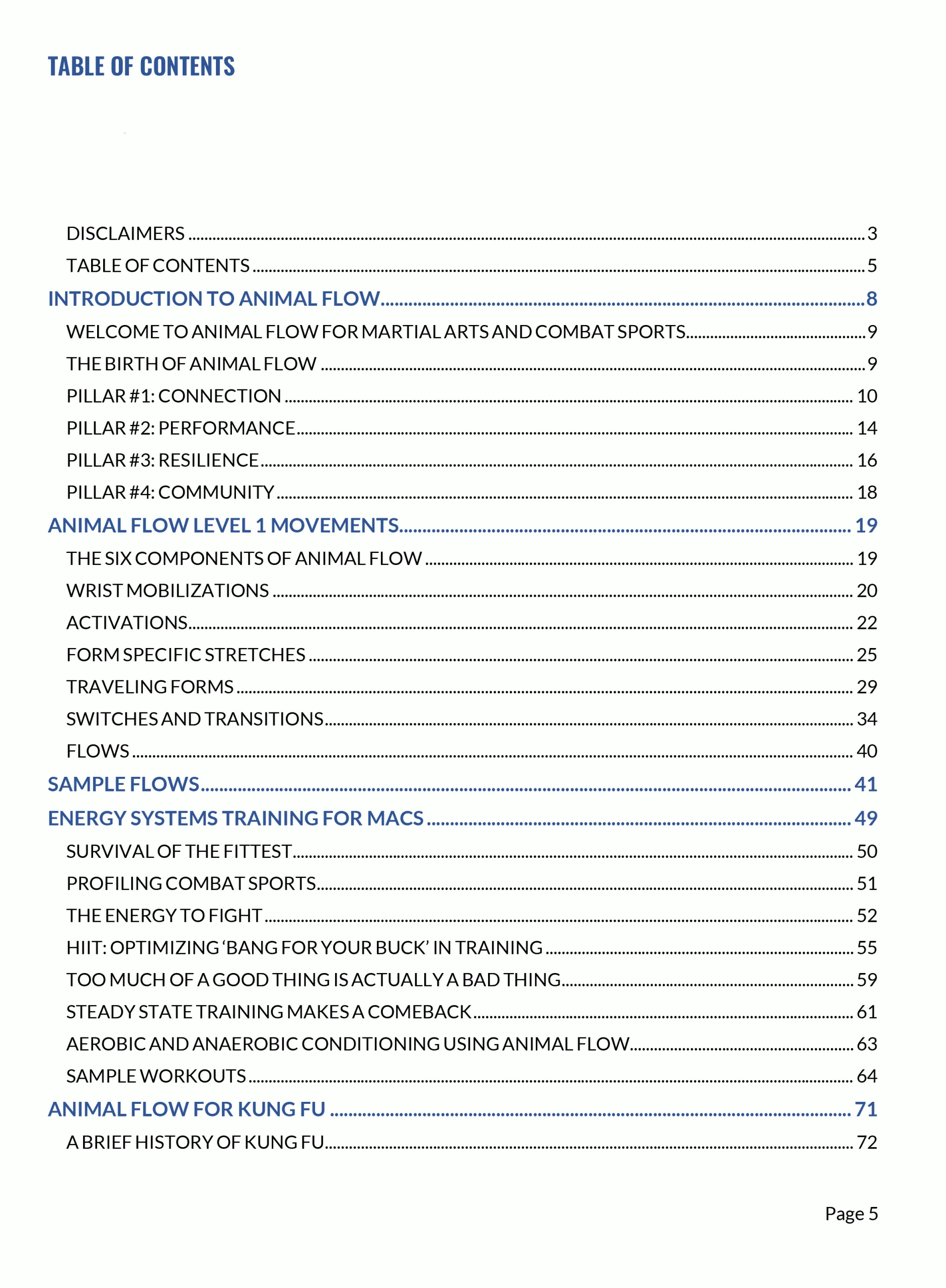 table of contents page 1